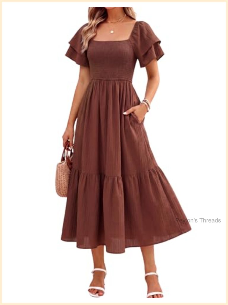 Women's Midi Dress Square Neck Off Shoulder Ruffle Elastic High Waist Vacation